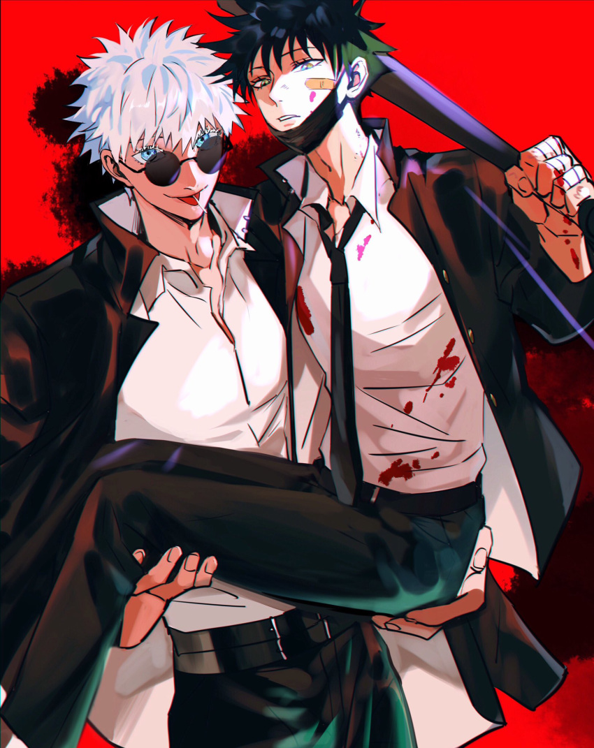 2boys bandaged_fingers bandages bandaid bandaid_on_face baseball_bat belt black_hair black_jacket black_pants blood blood_on_clothes blood_on_face blood_on_hands blue_eyes carrying carrying_person fushiguro_megumi gojou_satoru highres holding holding_baseball_bat jacket jujutsu_kaisen long_sleeves looking_at_viewer male_focus mask mask_pull mouth_hold mouth_mask multiple_boys pants parted_lips school_uniform shenshan_laolin shirt short_hair sunglasses tongue tongue_out white_hair white_shirt