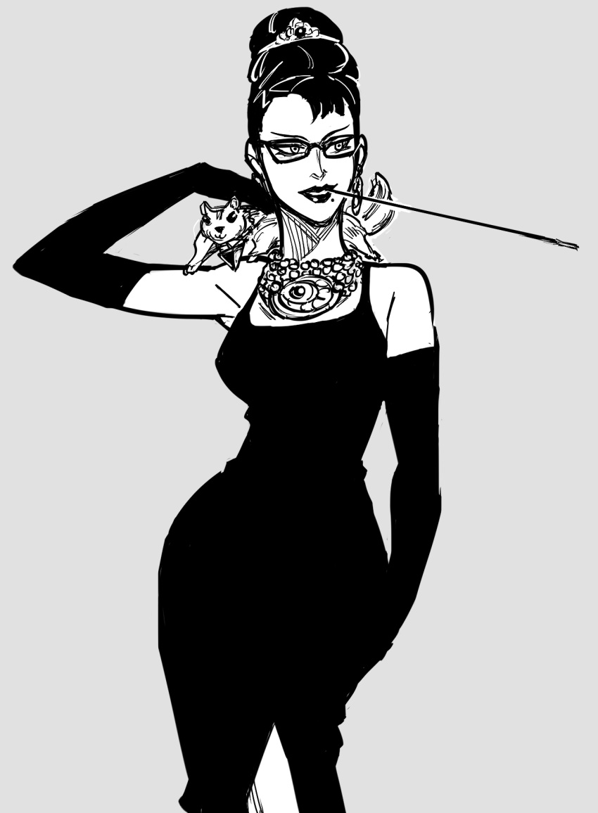 audrey_hepburn bad_id bare_shoulders bayonetta bayonetta_(series) bayonetta_2 bb_(baalbuddy) breakfast_at_tiffany's breasts cigarette_holder contrapposto cosplay cowboy_shot diadem dress elbow_gloves female glasses gloves grey_background greyscale hand_up highres holly_golightly holly_golightly_(cosplay) inactive_account jewelry loki_(bayonetta) looking_to_the_side medium_breasts mole mole_under_mouth monochrome mouth_hold necklace parted_lips simple_background skin_tight smile solo squirrel standing