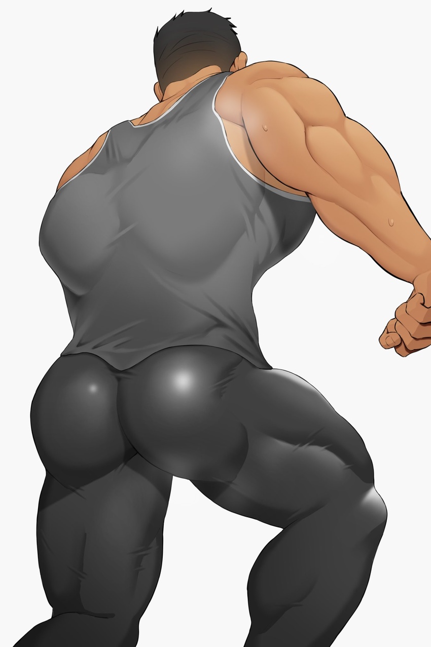 1boy ass back bara black_hair black_pants covered_abs covered_nipples dark-skinned_male dark_skin grey_tank_top highres kansuke_(kansuke_717) male_focus muscular muscular_male original pants short_hair simple_background solo sweat tank_top thick_thighs thighs white_background