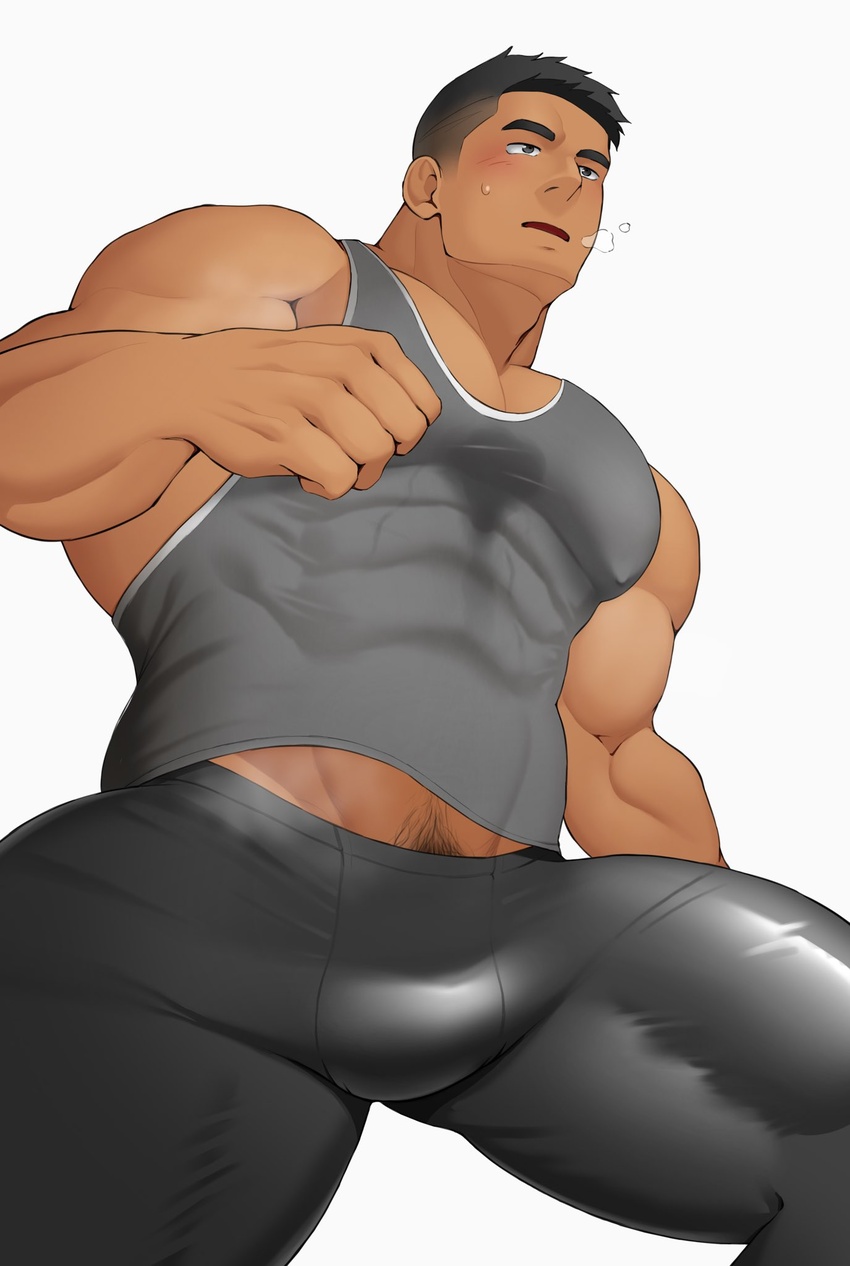 1boy bara black_hair black_pants blush covered_abs covered_nipples dark-skinned_male dark_skin from_below grey_tank_top highres kansuke_(kansuke_717) large_pectorals male_focus midriff_peek muscular muscular_male original pants pectorals short_hair simple_background solo strongman_waist sweat tank_top thick_thighs thighs white_background