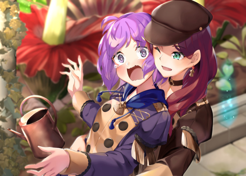 2girls bernadetta_von_varley black_headwear blush brown_hair choker commentary_request dorothea_arnault earrings fire_emblem fire_emblem:_three_houses garreg_mach_monastery_uniform green_eyes grey_eyes hat jewelry long_hair long_sleeves multiple_girls one_eye_closed open_mouth panda_inu purple_hair scared short_hair surprised tearing_up uniform watering_can wavy_mouth