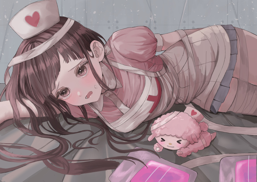 >_< absurdres apron bandaged_leg bandages blood blood_bag blue_skirt blush breasts brown_hair collared_shirt commentary cowboy_shot danganronpa_(series) danganronpa_2:_goodbye_despair female hat heart heart_print highres long_hair lying medium_breasts my_sweet_piano nurse nurse_cap on_side open_mouth pink_blood pink_eyes pink_shirt puffy_short_sleeves puffy_sleeves sanrio shirt short_sleeves skirt solo sweatdrop tsumiki_mikan uminekohigurasinonakukoroni