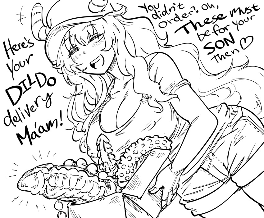 +++ :d bad_id bb_(baalbuddy) blush box breasts closed_eyes covered_nipples dildo dragon_dildo dragon_horns dutch_angle emphasis_lines english_text facing_viewer female greyscale hat heart highres holding horns horns_through_headwear huge_breasts inactive_account kobayashi-san_chi_no_maidragon long_hair lucoa_(maidragon) monochrome open_mouth peaked_cap sex_toy shirt shorts smile solo very_long_hair