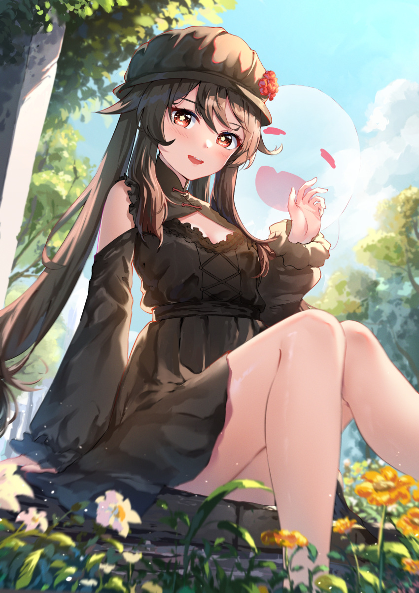 alternate_costume arm_support bare_shoulders black_dress black_hat blush boo_tao_(genshin_impact) brown_hair chahei chinese_commentary cleavage_cutout clothing_cutout commentary_request daisy day dress feet_out_of_frame female flower flower-shaped_pupils frilled_dress frills genshin_impact ghost hair_flower hair_ornament hand_up hat hat_flower high_collar highres hu_tao_(genshin_impact) knees_together_feet_apart knees_up legs long_hair long_sleeves looking_at_viewer mandarin_collar open_mouth outdoors plant plum_blossoms puffy_long_sleeves puffy_sleeves red_eyes shoulder_cutout sidelocks sitting smile solo sunflower symbol-shaped_pupils teeth thighs tree twintails upper_teeth_only white_flower