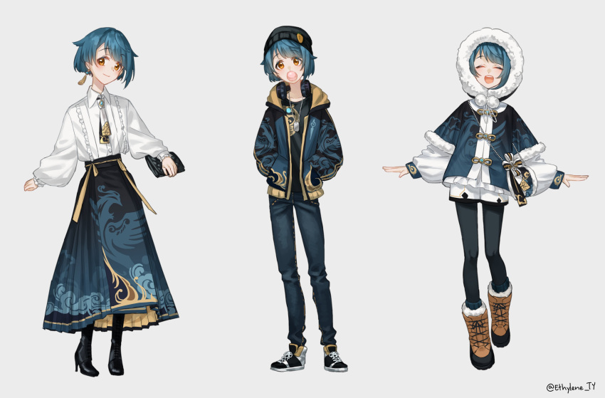 1boy absurdres alternate_costume asymmetrical_bangs black_headwear black_thighhighs blue_hair blue_skirt cape earrings ethylene_ty full_body fur-trimmed_cape fur-trimmed_sleeves fur_trim genshin_impact high_heels highres jewelry long_sleeves looking_at_viewer medium_hair multiple_views otoko_no_ko pantyhose puffy_long_sleeves puffy_sleeves single_earring skirt standing tassel tassel_earrings thighhighs xingqiu_(genshin_impact) yellow_eyes