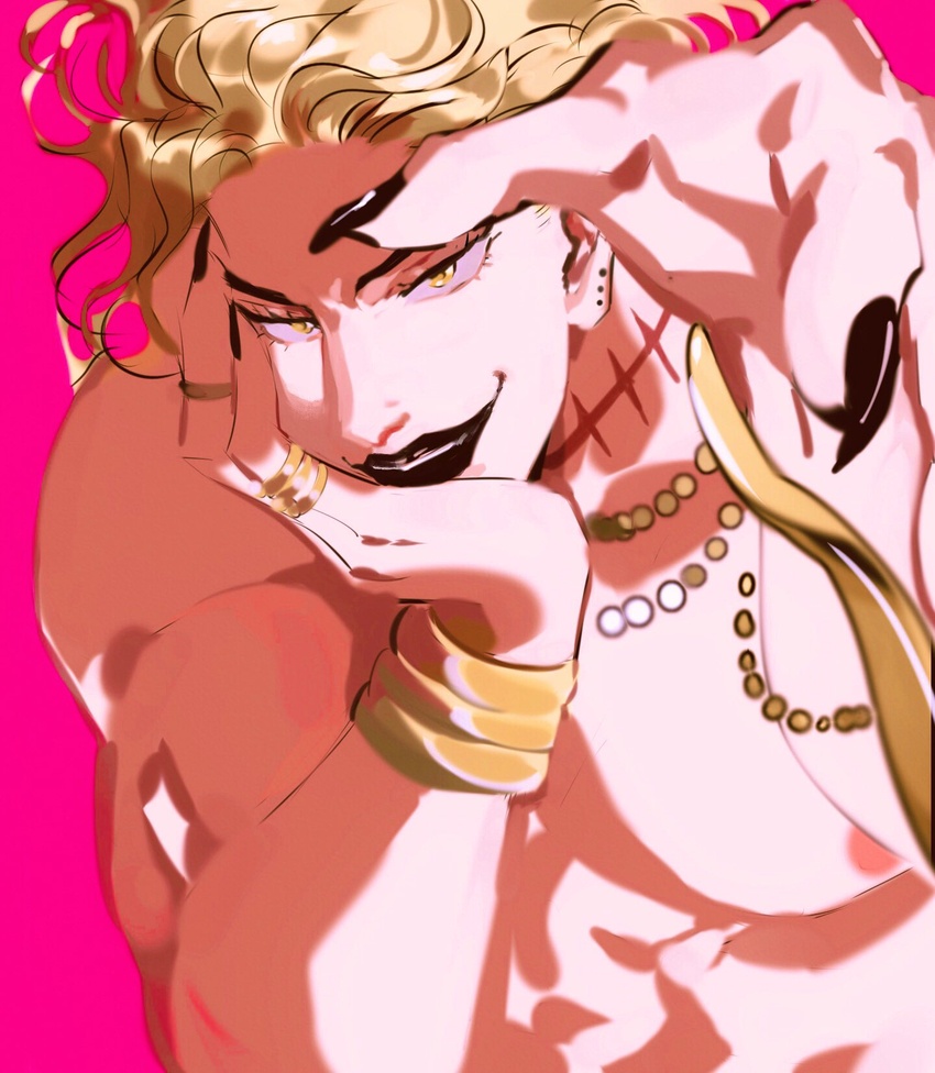 1boy black_lips black_nails blonde_hair bracelet commentary dio_brando fingernails hand_on_own_face head_rest highres jewelry jojo_no_kimyou_na_bouken long_hair male_focus mole mole_on_ear muscular muscular_male necklace nipples pectorals pink_background ring scar scar_on_neck sharp_fingernails shenshan_laolin smirk stardust_crusaders stitched_neck stitches symbol-only_commentary topless_male yellow_eyes