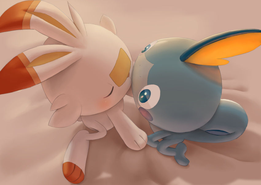 bed_sheet blue_eyes blush bright_pupils closed_eyes commentary_request from_above highres kissing looking_at_another no_humans pokemon pokemon_(creature) purobe scorbunny sitting sobble toes white_pupils