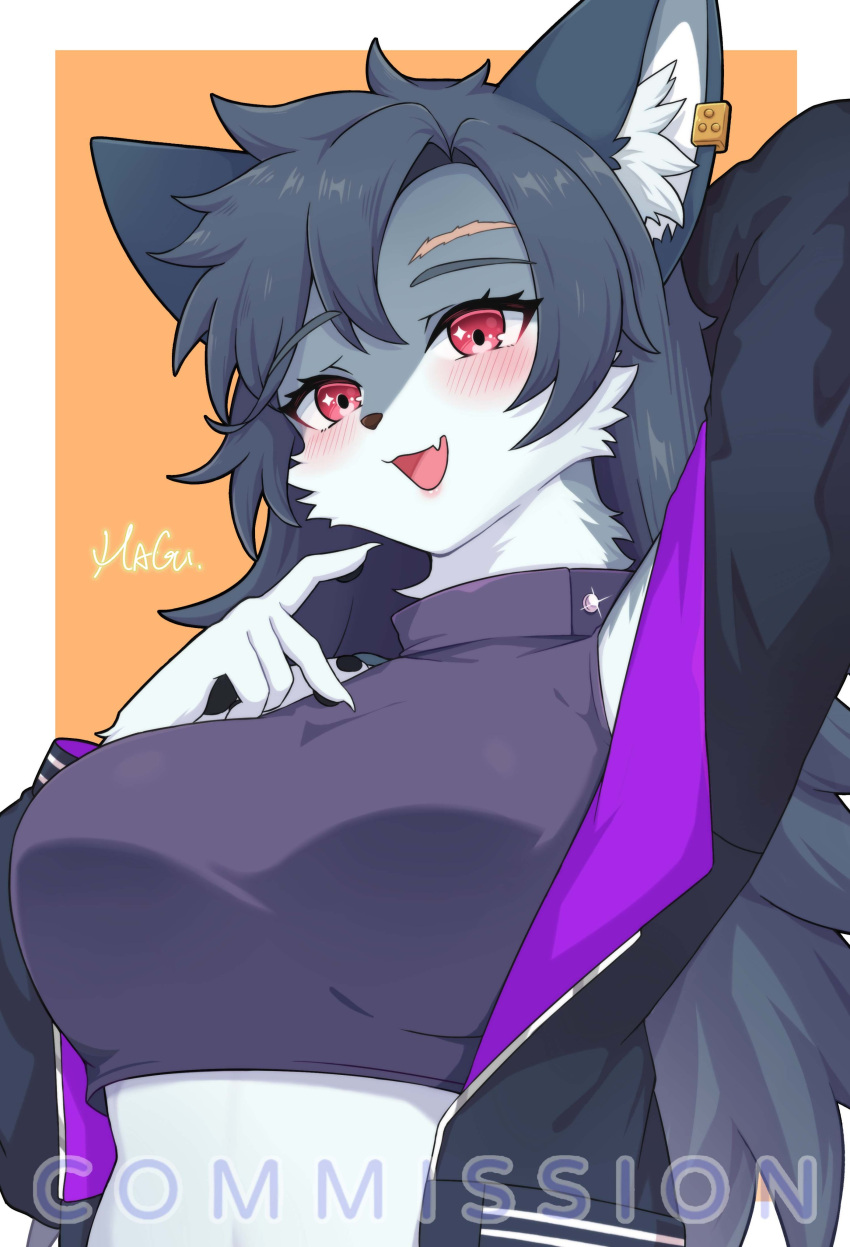 absurdres animal_ears black_jacket breasts commission crop_top earrings female fox fox_ears furry furry_female grey_hair highres jacket jewelry large_breasts long_hair mo_(k40633) open_mouth original red_eyes solo