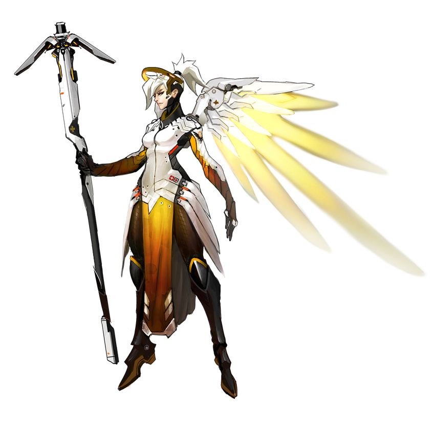 absurdres alpha_transparency arnold_tsang black_eyes breasts female floating full_body halo high_ponytail highres mechanical_halo mechanical_wings medium_breasts mercy_(overwatch) official_art overwatch overwatch_1 pelvic_curtain solo staff transparent_background white_hair wings