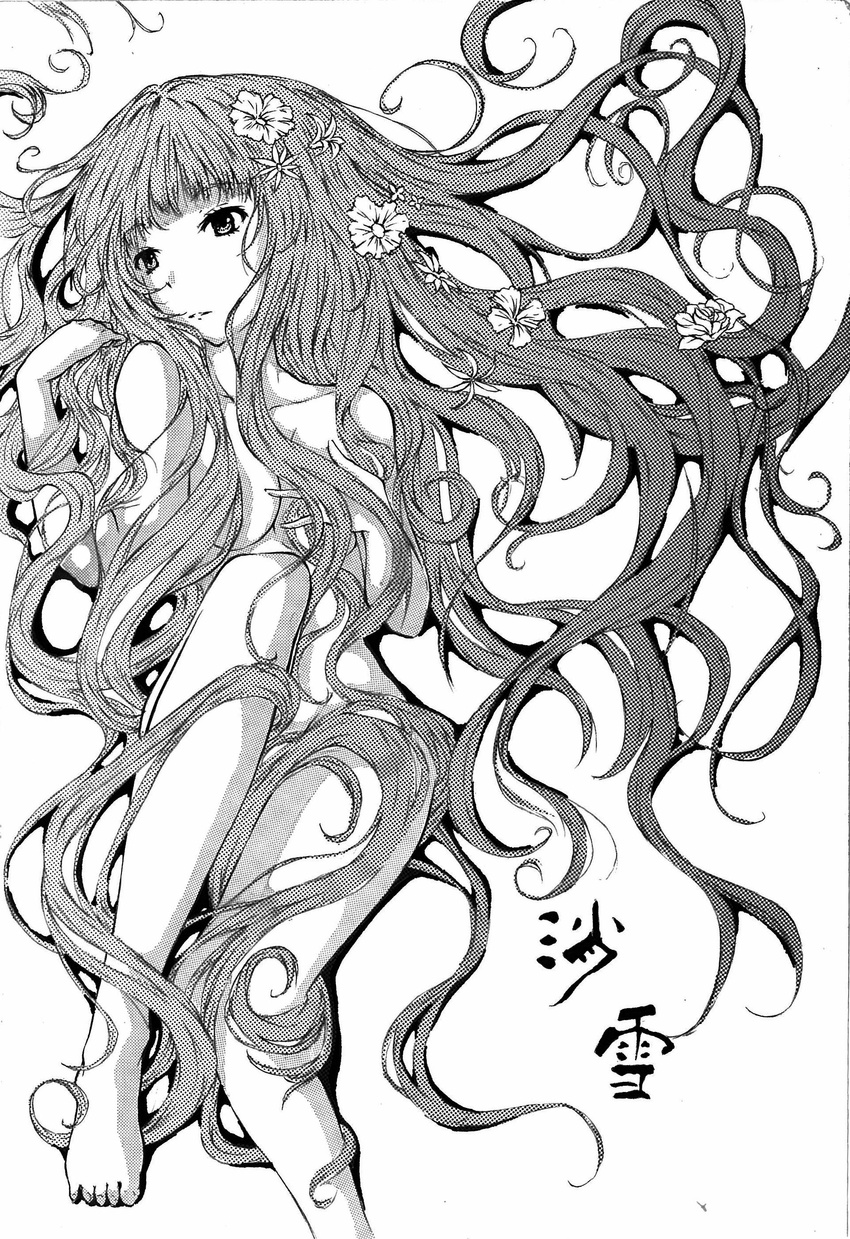 absurdres bad_id bad_pixiv_id engeki-bu_danshi female flower greyscale hair_censor hair_flower hair_ornament hair_over_breasts hand_on_own_chest highres ink_(medium) long_hair lying mixed_media monochrome nude on_back original solo traditional_media translation_request very_long_hair