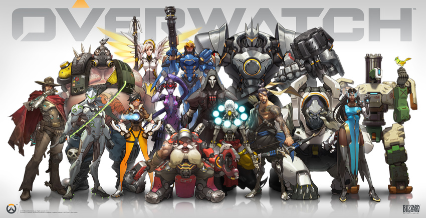 5girls absurdres armor arnold_tsang assault_visor bare_pectorals bastion_(overwatch) beard bird black_hair black_jacket blonde_hair blue_dress cassidy_(overwatch) cigar clothed_robot colored_skin cowboy_hat dark-skinned_female dark_skin dress energy_wings everyone facial_hair genji_(overwatch) goggles gorilla gun hammer hanzo_(overwatch) hat helmet highres holding holding_gun holding_hammer holding_weapon hood hood_up incredibly_absurdres jacket long_hair looking_up mask mercy_(overwatch) multiple_girls official_art overwatch overwatch_1 pantyhose pectorals pharah_(overwatch) ponytail power_armor purple_skin reaper_(overwatch) reinhardt_(overwatch) roadhog_(overwatch) robot smoking stomach_tattoo symmetra_(overwatch) tattoo thighhighs topless_male torbjorn_(overwatch) tracer_(overwatch) very_long_hair weapon white_hair widowmaker_(overwatch) winston_(overwatch) zenyatta_(overwatch)