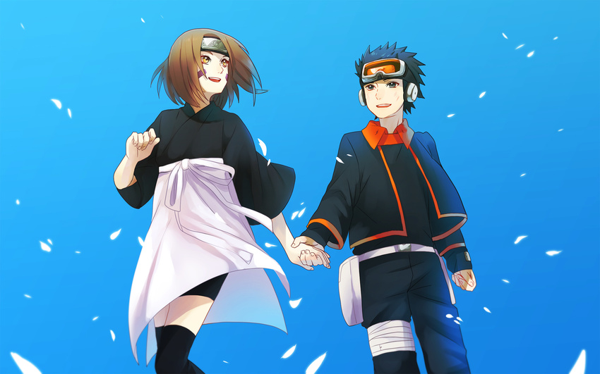 1boy black_hair brown_hair commentary_request female forehead_protector goggles highres holding_hands meiko_(puua) naruto naruto_(series) nohara_rin petals photoshop_(medium) short_hair smile uchiha_obito