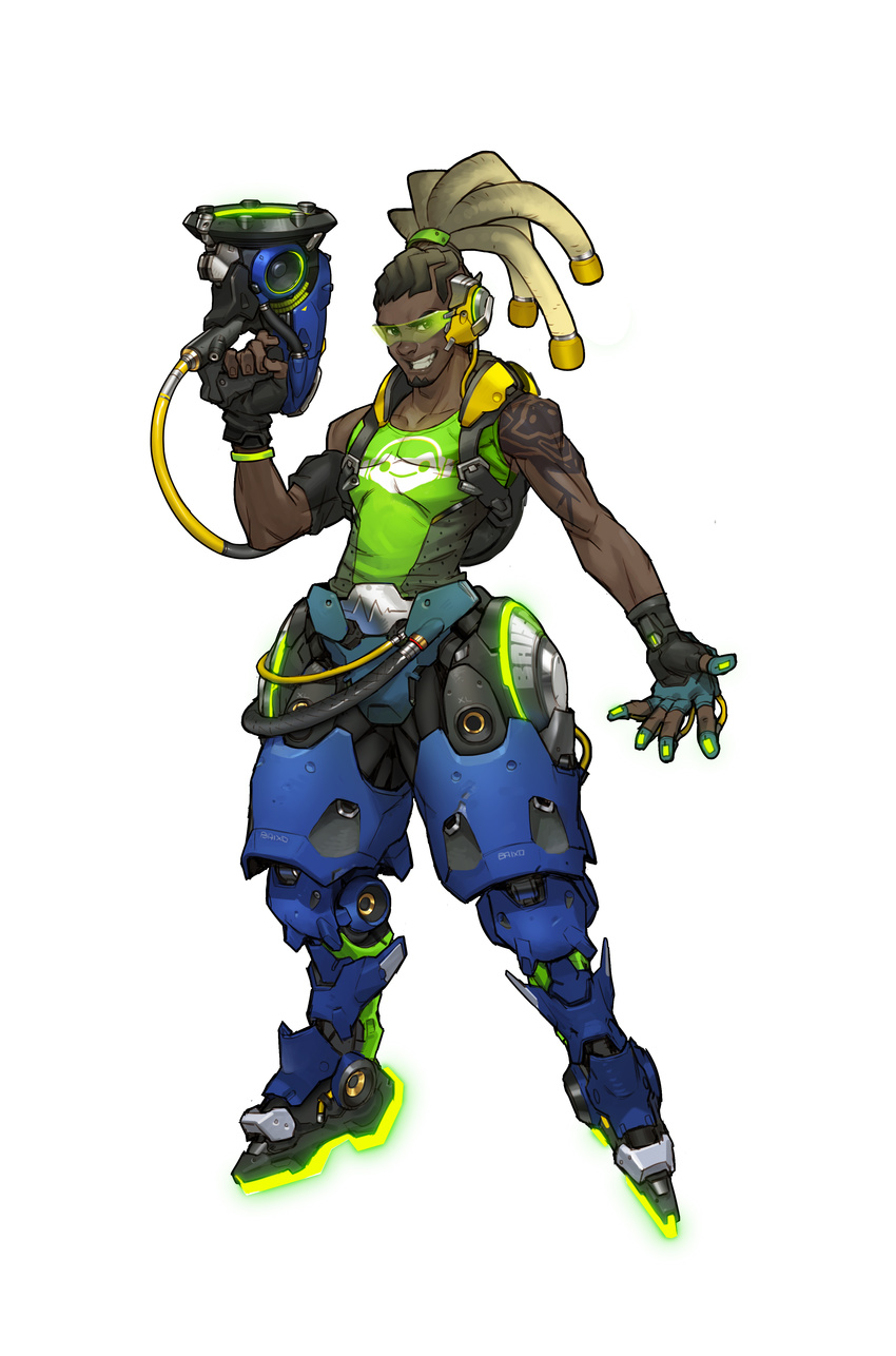 1boy absurdres arnold_tsang beard dark-skinned_male dark_skin facial_hair fingerless_gloves floating full_body gloves gradient_hair grin gun head-mounted_display highres lucio_(overwatch) male_focus multicolored_hair official_art overwatch overwatch_1 photoshop_(medium) simple_background smile solo weapon white_background