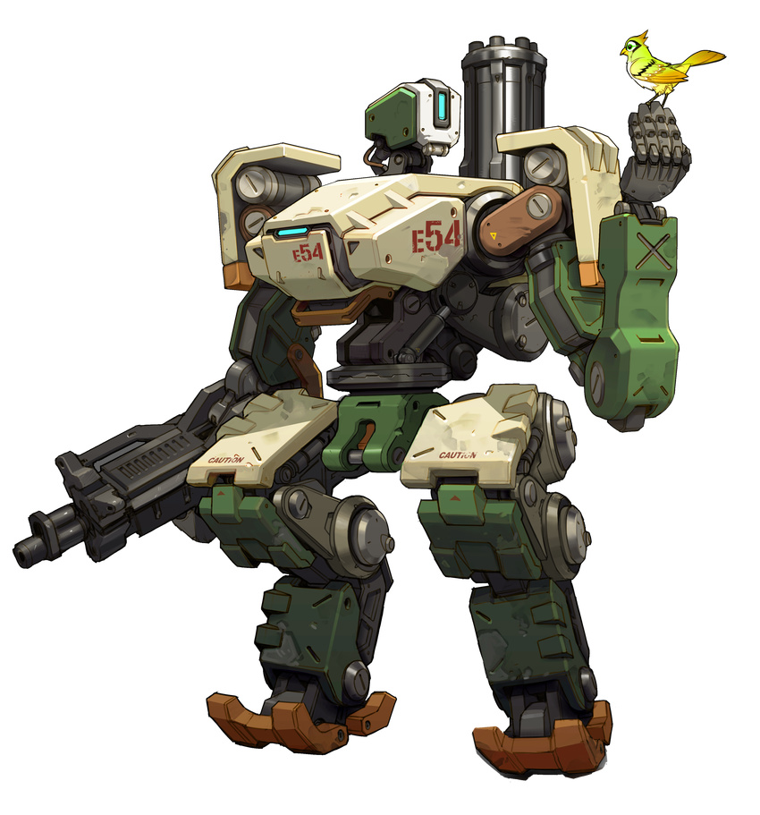 absurdres arnold_tsang bastion_(overwatch) bird bird_on_hand cyclops full_body gatling_gun gun highres minigun no_humans non-humanoid_robot official_art one-eyed overwatch overwatch_1 robot standing transparent_background weapon