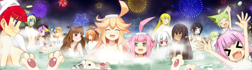 >_< +_+ 6+girls :d ^_^ ahoge alternate_hairstyle altis alys_levantine animal_ears arm_up attouteki_yuugi_mugen_souls attouteki_yuugi_mugen_souls_z bathing bellaria_(mugen_souls) bikini black_hair black_wings blonde_hair blue_eyes blue_hair blush blush_stickers breasts brown_hair chou_chou chou_chou_egotistical clenched_hand closed_eyes collarbone convenient_censoring crossed_arms crossed_legs dark-skinned_female dark_skin dees_vanguard ear_censor everyone fireworks flat_chest game_cg green_eyes green_hair grin hair_censor hair_down hair_ornament hair_over_one_eye hair_scrunchie highres horns izayoi_tsukika large_breasts long_hair looking_at_another marina_cannonvale micro_bikini multicolored_hair multiple_girls nanameda_kei nao_(mugen_souls) nude oerba_yun_fang official_art onluka onsen open_mouth partially_submerged pink_hair pointy_ears ponytail profile purple_hair red_eyes red_hair reu_(mugen_souls) same-sex_bathing sandy_sunshine scrunchie shampuru shared_bathing sharuru_cocott shilma_(mugen_souls) short_hair_with_long_locks side_ponytail sky smile standing steam steam_censor supra swimsuit tioni towel towel_on_head two-tone_hair water welsh_cocott wet white_hair white_wings wings yellow_eyes