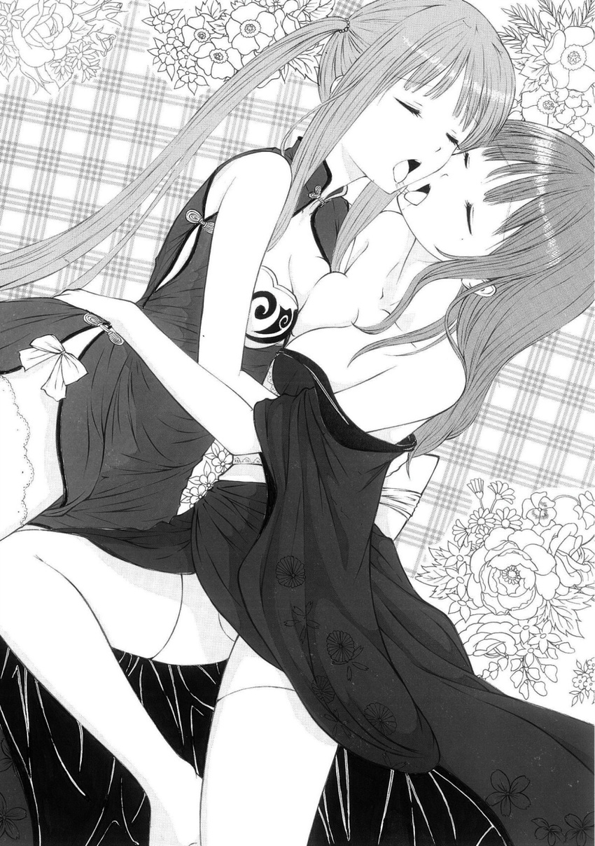 2girls asymmetrical_docking bad_id bad_pixiv_id bare_shoulders breast_press breasts china_dress chinese_clothes cleavage closed_eyes collarbone dress dutch_angle engeki-bu_danshi flower greyscale hair_tie highres medium_breasts monochrome multiple_girls open_mouth original saliva saliva_trail thighhighs tongue tongue_out twintails yuri