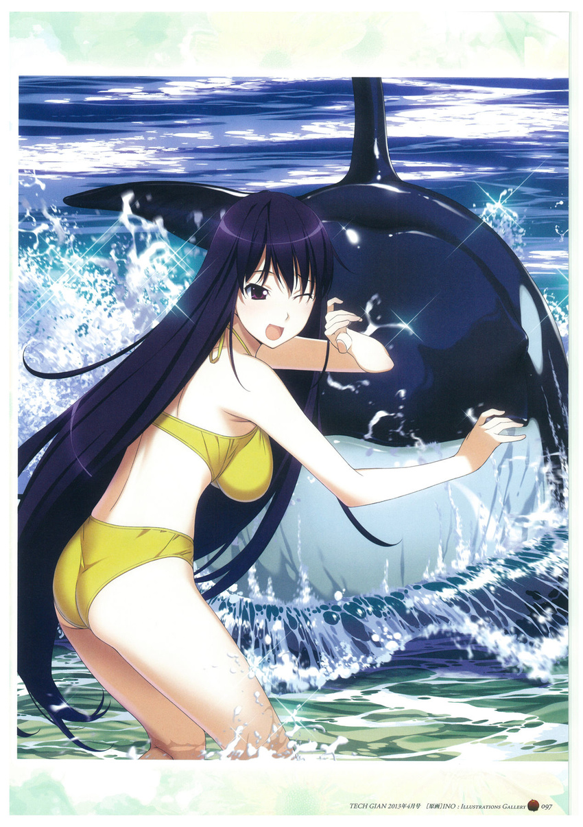 ;d ass bikini black_hair breasts day female grisaia_(series) highres long_hair medium_breasts ocean one_eye_closed open_mouth outdoors page_number purple_eyes sakaki_yumiko scan smile solo swimsuit very_long_hair wading watanabe_akio water yellow_bikini