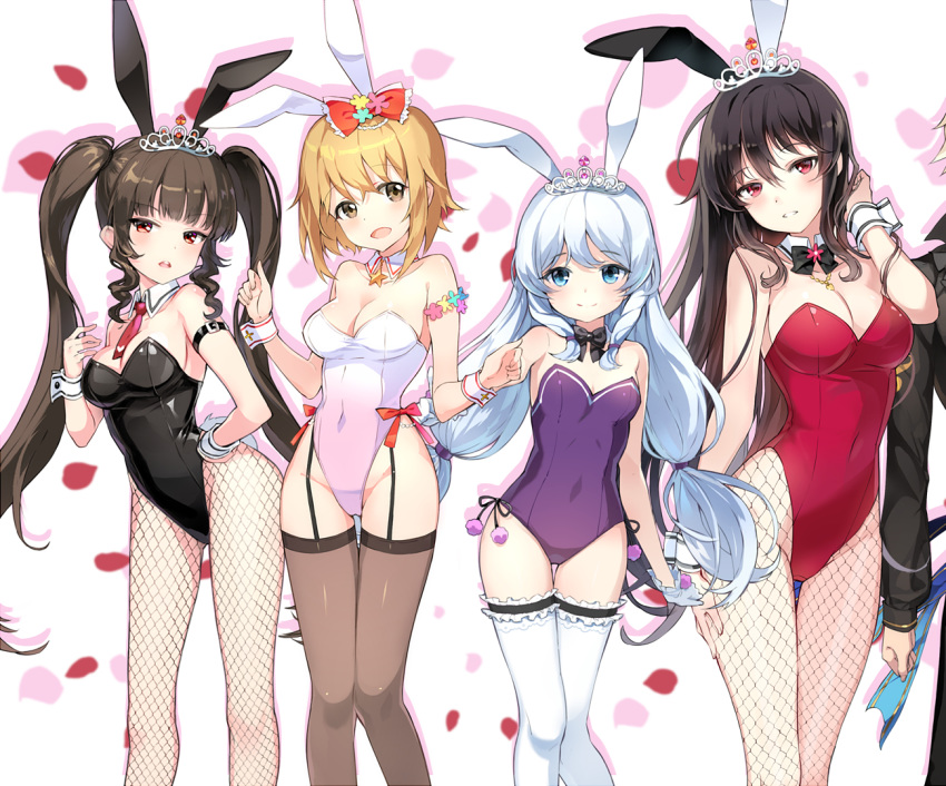 4girls ahoge animal_ears bad_id bad_pixiv_id bare_shoulders black_hair black_legwear black_leotard blonde_hair blue_eyes breasts brown_eyes chamchami cleavage commentary_request covered_navel detached_collar fake_animal_ears fake_tail fishnet_pantyhose fishnets garter_straps gloves groin hand_on_own_hip haru_estia iris_yuma korean_commentary large_breasts leotard lily_bloomerchen lingerie long_hair looking_at_viewer medium_breasts multiple_girls pantyhose pink_leotard playboy_bunny purple_leotard rabbit_ears rabbit_tail red_eyes red_legwear shiny_skin short_hair sidelocks simple_background small_breasts smile soulworker standing stella_unibell strapless strapless_leotard tail thigh_gap thighhighs tiara tied_hair twintails underwear very_long_hair white_background white_gloves white_hair white_thighhighs wrist_cuffs yellow_eyes