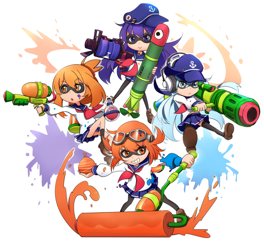 .52_gal_(splatoon) 4girls :> aiming akatsuki_(kancolle) alternate_hair_color anchor_symbol black_hair black_pantyhose black_skirt black_thighhighs bottle brown_hair burst_bomb_(splatoon) closed_mouth commentary_request disruptor_(splatoon) flat_cap folded_ponytail goggles goggles_on_head grenade_launcher grey_hair grin hair_ornament hairclip hat headphones hibiki_(kancolle) ido_(teketeke) ikazuchi_(kancolle) inazuma_(kancolle) ink_tank_(splatoon) inkstrike_(splatoon) inkzooka_(splatoon) kantai_collection long_hair long_sleeves multiple_girls open_mouth orange_eyes orange_hair paint_roller paint_splatter pantyhose pleated_skirt ponytail purple_hair school_uniform serafuku short_hair shoulder_cannon simple_background skirt smile splat_roller_(splatoon) splatoon_(series) splatoon_1 splattershot_(splatoon) super_soaker thighhighs torpedo water_gun weapon white_background