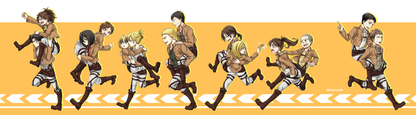 6+boys 6+girls :d ^_^ absurdres anger_vein annie_leonhart armin_arlert belt bertolt_hoover black_eyes black_hair blonde_hair blue_eyes blush boots bread brown_eyes brown_hair buckle carrying carrying_person cheering closed_eyes commentary_request connie_springer eren_yeager food freckles glasses green_eyes grey_hair hange_zoe highres jacket jean_kirstein krista_lenz levi_(shingeki_no_kyojin) long_hair long_sleeves marco_bott mikasa_ackerman military military_uniform mono_land multicolored_hair multiple_boys multiple_girls open_mouth paradis_military_uniform photoshop_(medium) piggyback ponytail princess_carry reiner_braun reverse_princess_carry running saliva sasha_blouse scarf shingeki_no_kyojin short_hair shoulder_carry smile sparkle sweatdrop thigh_strap two-tone_hair uniform ymir_(shingeki_no_kyojin)