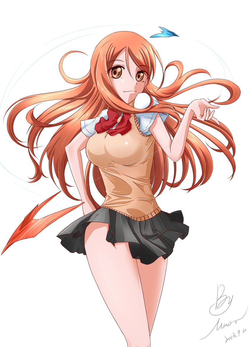 2013 bleach breasts brown_eyes dated female highres inoue_orihime legs long_hair looking_at_viewer orange_hair skirt smile solo standing zhjgqw123