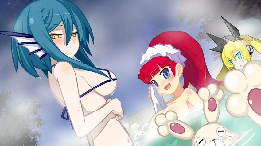 3girls alternate_hairstyle attouteki_yuugi_mugen_souls attouteki_yuugi_mugen_souls_z bathing bikini bikini_top_only blonde_hair blue_hair blush blush_stickers body_blush breasts collarbone dees_vanguard dutch_angle ear_censor embarrassed fins game_cg hair_between_breasts hair_ornament hair_ribbon hair_scrunchie head_fins holding large_breasts looking_at_viewer marina_cannonvale micro_bikini multiple_girls nanameda_kei official_art onsen open_mouth partially_submerged ponytail red_hair ribbon same-sex_bathing scrunchie shampuru shared_bathing short_hair_with_long_locks supra swimsuit towel tree twintails water wet yellow_eyes