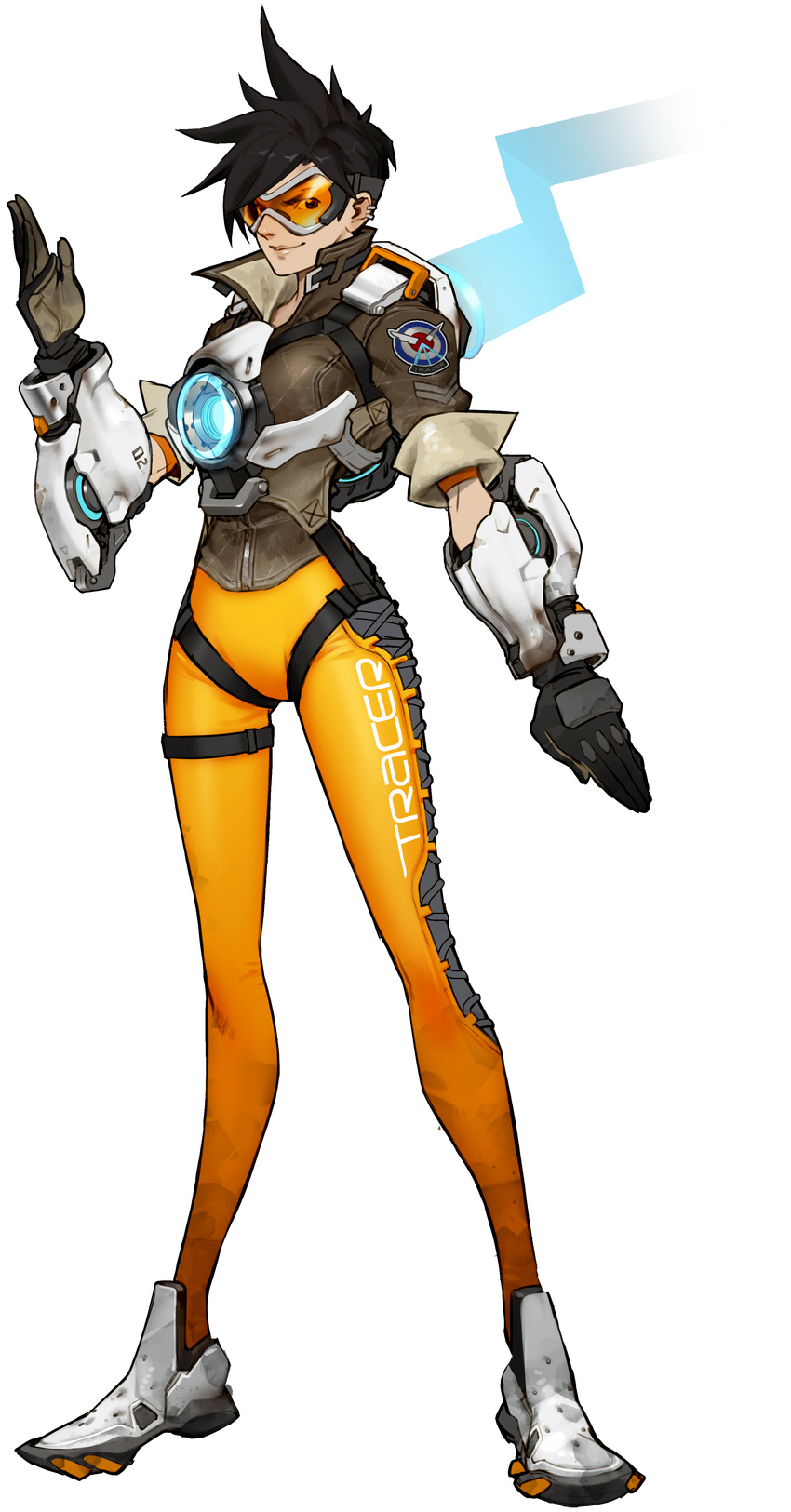 absurdres alpha_transparency arnold_tsang black_hair bodysuit character_name clothes_writing ear_piercing female full_body gloves goggles highres official_art orange_bodysuit orange_goggles overwatch overwatch_1 piercing short_hair smile solo spiked_hair standing tracer_(overwatch) transparent_background