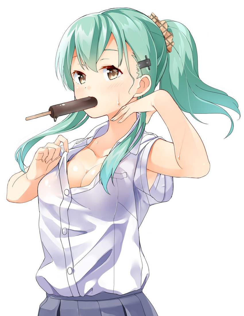 alternate_hairstyle aqua_hair arm_up armpit_peek black_skirt blush breasts brown_eyes byte_(allbyte) cleavage commentary_request cowboy_shot dripping female food food_in_mouth hair_ornament hair_scrunchie hairclip hand_in_own_hair highres hot ice_cream kantai_collection looking_at_viewer medium_breasts melting mouth_hold plaid plaid_scrunchie pleated_skirt pocket ponytail popsicle scrunchie shiny_skin shirt shirt_tucked_in shirt_tug short_sleeves simple_background skirt solo suzuya_(kancolle) sweat white_background white_shirt