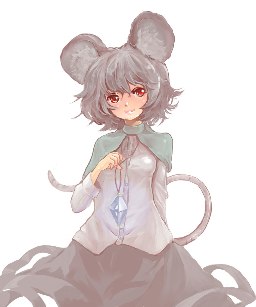 animal_ears capelet commentary_request crystal female grey_hair highres jewelry ma_nyan_(nyao_mao_nyao) mouse_ears mouse_tail nail_polish nazrin pendant red_eyes smile tail touhou