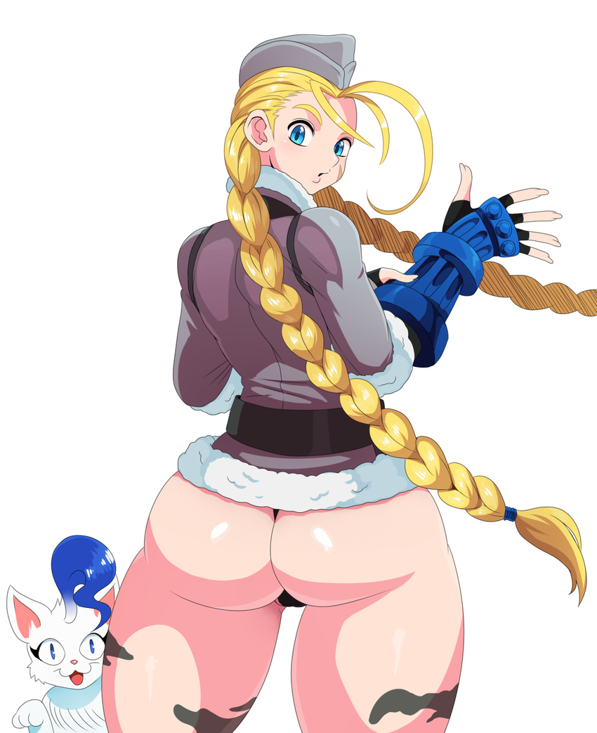 ass blonde_hair blue_eyes cammy_white eric_lowery feline female female hat huge_ass looking_at_viewer looking_back simple_background solo sssonic2 street_fighter white_background