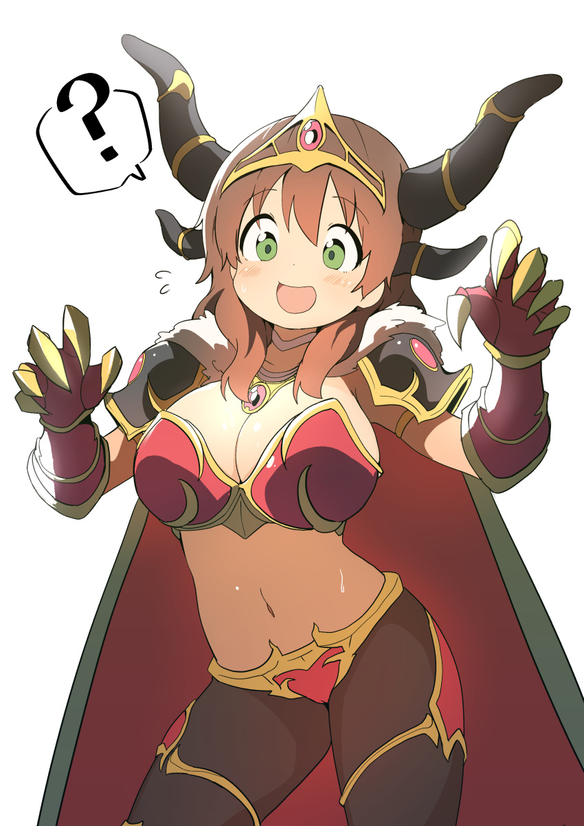 ? absurdres alexstrasza alexstrasza_(cosplay) armor blush breasts brown_hair bural_chingu choker cleavage commentary contrapposto cosplay female flying_sweatdrops gauntlets green_eyes hair_between_eyes ham_na-bi highres horns huge_breasts korean_commentary long_hair looking_at_viewer luke_(dydansgur) midriff navel open_mouth pantyhose simple_background smile solo spoken_question_mark sweat warcraft white_background world_of_warcraft