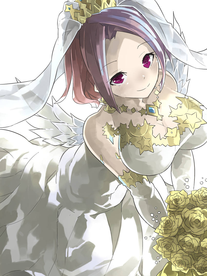 bare_shoulders blush bouquet breasts cleavage closed_mouth commentary_request dress elbow_gloves eschamali_(p&d) eyelashes feathered_wings female flower gem gloves gold_trim highres holding holding_bouquet jewelry large_breasts long_hair looking_at_viewer looking_up mosamune necklace purple_eyes purple_hair puzzle_&_dragons rose see-through simple_background smile solo strapless strapless_dress taut_clothes taut_dress v_arms veil white_background white_dress white_gloves white_wings wings yellow_flower yellow_rose