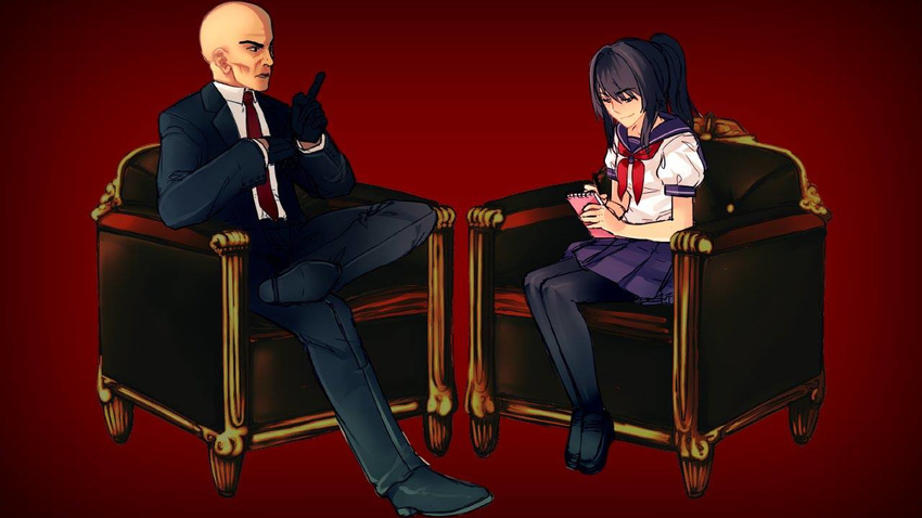 1boy agent_47 ayano_aishi bald black_footwear black_gloves black_hair black_jacket black_pants black_pantyhose black_suit blue_sailor_collar blue_skirt couch dress_shirt female formal from_side gloves hitman_(game) jacket jpeg_artifacts loafers long_sleeves looking_at_another looking_at_object neckerchief necktie notepad pants pantyhose pleated_skirt ponytail red_background red_neckerchief red_necktie sailor_collar school_uniform serafuku shirt shoes short_sleeves skirt sleeve_cuffs source_request suit taking_notes vignetting white_shirt yandere_simulator