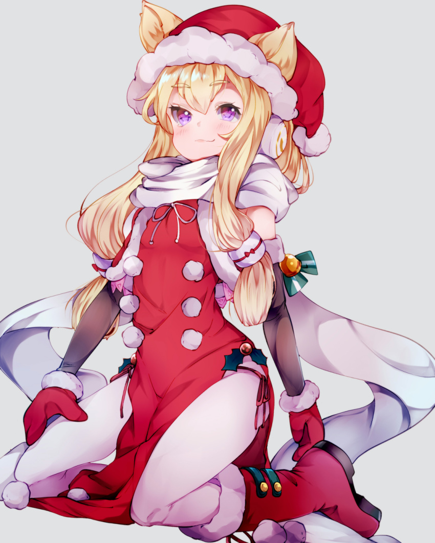 azur_lane bad_id bad_pixiv_id blonde_hair blush boots commentary detached_sleeves dress elbow_gloves female gloves grey_background hair_ears hair_tubes hand_on_own_thigh hat highres kneeling long_hair looking_at_viewer mittens panties pelvic_curtain purple_eyes red_dress red_panties santa_boots santa_costume santa_hat scarf side-tie_panties sidelocks simple_background smile smirk solo underwear warspite_(azur_lane) warspite_(christmas_warrior)_(azur_lane) yaekn