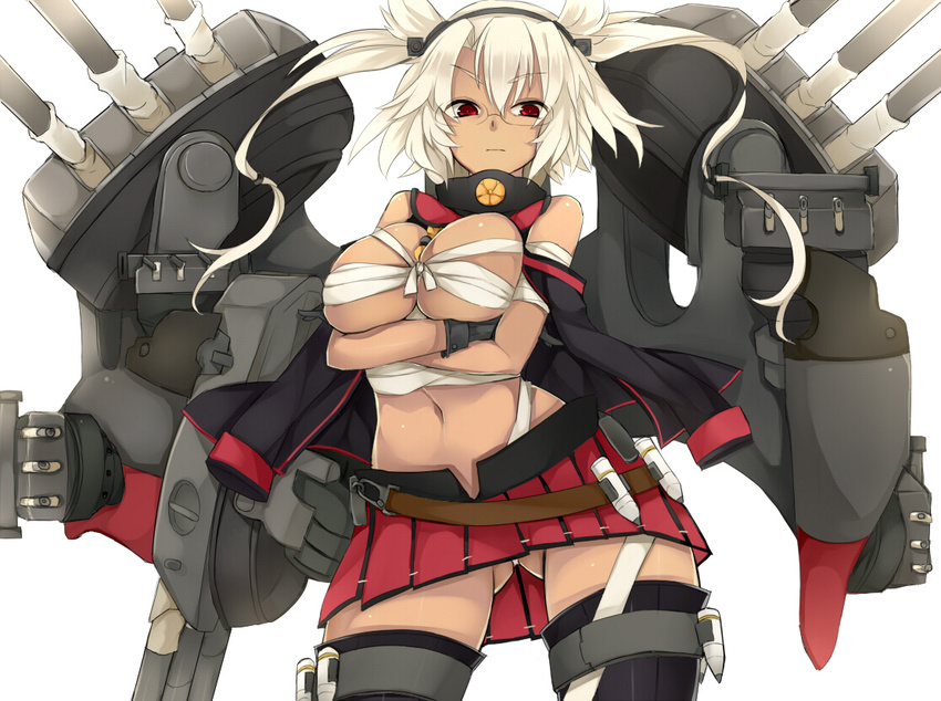 ass_visible_through_thighs bad_id bad_pixiv_id black_gloves blonde_hair breast_hold breasts budget_sarashi chest_sarashi collar crossed_arms dark-skinned_female dark_skin female glasses gloves headgear hukasikasi kantai_collection large_breasts long_hair miniskirt musashi_(kancolle) navel no_shirt pleated_skirt pointy_hair red_eyes rigging sakuramon sarashi simple_background skirt solo thighhighs turret two_side_up white_background zettai_ryouiki