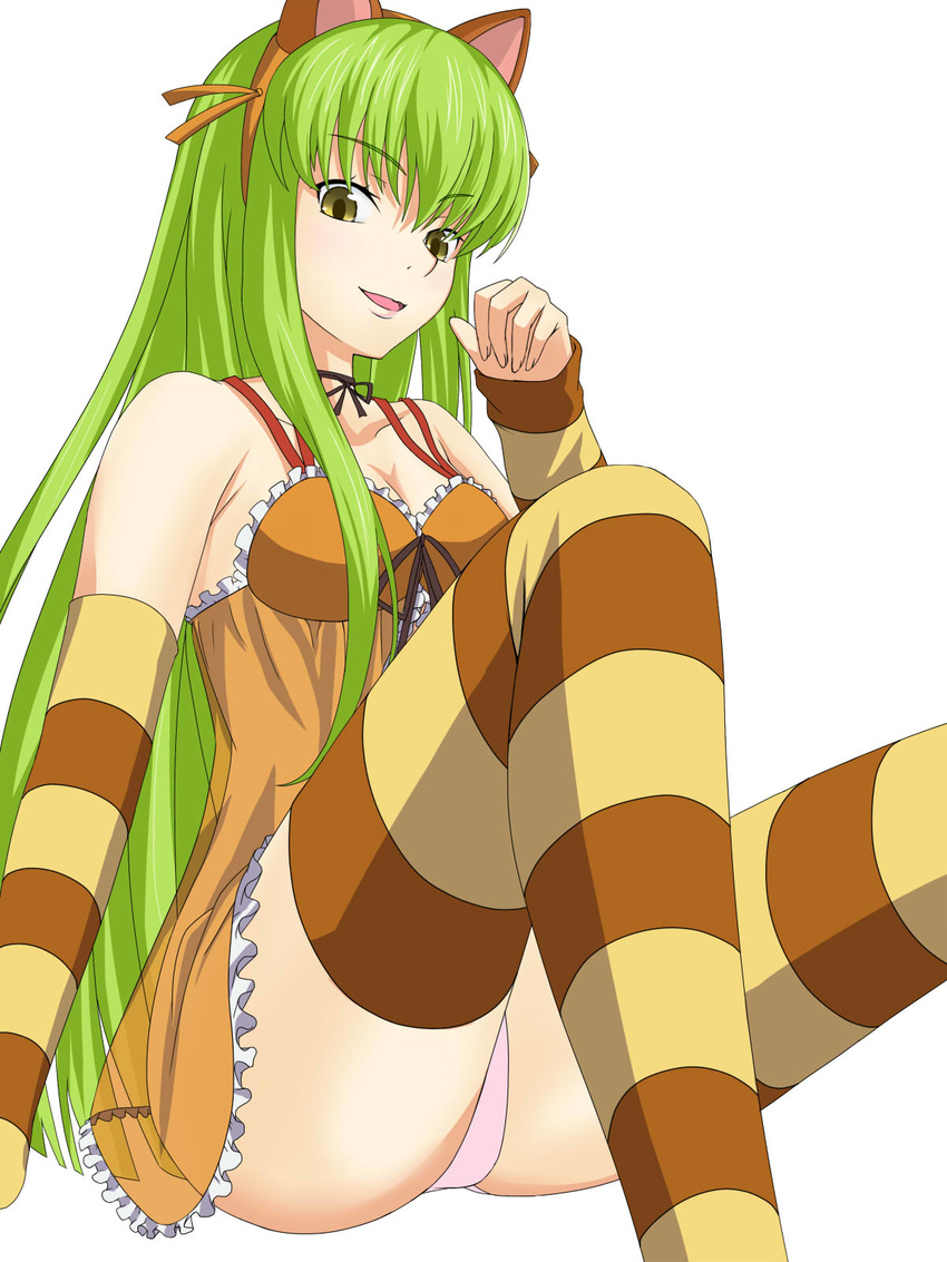 :d animal_ears arm_support bare_shoulders breasts c.c. cleavage code_geass code_geass:_nunnally_in_wonderland detached_sleeves fake_animal_ears female female green_hair kusakabelover legs long_hair looking_at_viewer neck_ribbon nightgown open_mouth panties pantyshot pantyshot_(sitting) raccoon_ears ribbon see-through simple_background sitting smile solo striped striped_detached_sleeves striped_legwear striped_thighhighs thighhighs underwear white_background yellow_eyes