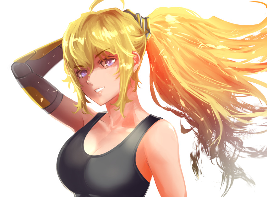 ahoge amputee black_shirt blonde_hair blue_eyes breasts cleavage collar commentary_request female floating_hair grin hair_between_eyes hand_in_own_hair hayadai highres large_breasts long_hair looking_at_viewer ponytail prosthesis prosthetic_arm rwby shirt simple_background sleeveless sleeveless_shirt smile solo upper_body white_background yang_xiao_long