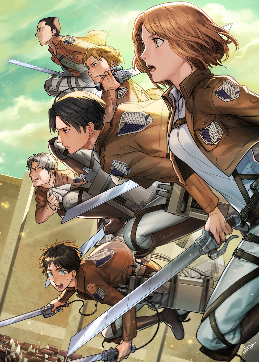 auruo_bossard black_hair boots brown_hair cloud cloudy_sky commentary_request emblem erd_gin eren_yeager green_eyes gunter_shulz highres insignia jacket knee_boots levi_(shingeki_no_kyojin) multiple_boys multiple_girls paradis_military_uniform petra_ral photoshop_(medium) shingeki_no_kyojin sine sky survey_corps_(emblem) sword three-dimensional_maneuver_gear weapon