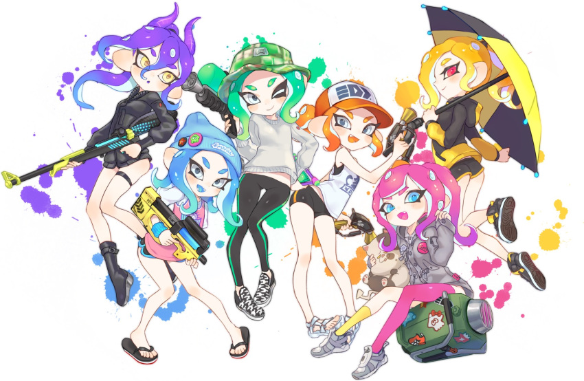 6+girls ass ass_visible_through_thighs asymmetrical_hair bad_id bad_twitter_id beanie bike_shorts blonde_hair blue_eyes blue_hair blush boots explosher_(splatoon) eyes_visible_through_hair fake_horns fangs green_hair hat hero_brella_(splatoon) hero_charger_(splatoon) hero_shot_(splatoon_2) highres holding holding_weapon hood hoodie horns jacket jtveemo long_hair looking_at_viewer medium_hair multiple_girls octoling octoling_girl octoling_player_character octoshot_(splatoon) one_eye_closed open_mouth orange_hair pants pink_hair purple_hair red_eyes sandals shoes short_shorts shorts simple_background sitting smile sneakers splat_dualies_(splatoon) splatoon_(series) splatoon_2 suction_cups sweater tank_top thigh_gap tight_clothes tight_pants toni_kensa_(splatoon) umbrella undershirt weapon white_background yellow_eyes