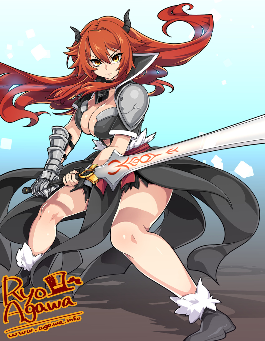 agawa_ryou airomed ankle_boots armor artist_name boots borrowed_character breasts broken_armor brown_eyes cleavage female fighting_stance gauntlets high_collar highres horns long_hair looking_at_viewer medium_breasts orange_hair original pauldrons red_hair serious shoulder_armor showgirl_skirt single_gauntlet solo standing sunrise_stance sword thighs watermark weapon web_address