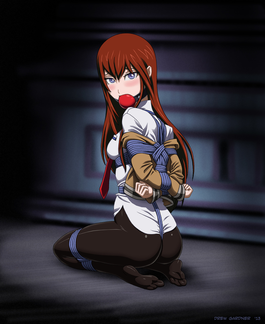 arms_behind_back bad_anatomy ball_gag blush bondage bondage bondage bound breasts coat crotch_rope drew_gardner error gag legs_together long_hair looking_at_viewer makise_kurisu pantyhose red_hair rope science_adventure sleeves steins;gate wrong_feet