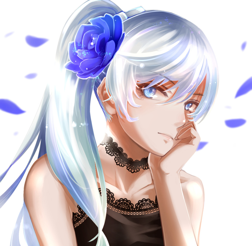 bad_id bad_pixiv_id blue_eyes blue_flower blue_rose choker collar female flower hair_between_eyes hair_flower hair_ornament hayadai head_rest highres long_hair looking_at_viewer petals rose rwby side_ponytail simple_background sleeveless solo upper_body weiss_schnee white_background white_hair