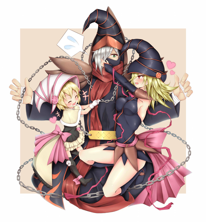 1boy 2girls blonde_hair bow capelet chains closed_eyes commentary_request covered_mouth duel_monster elbow_gloves gagaga_girl gagaga_magician gagaga_sister gloves green_eyes grey_hair hat heart highres multiple_girls one_eye_covered red_eyes ribbon skull taniwasu yu-gi-oh! yu-gi-oh!_zexal