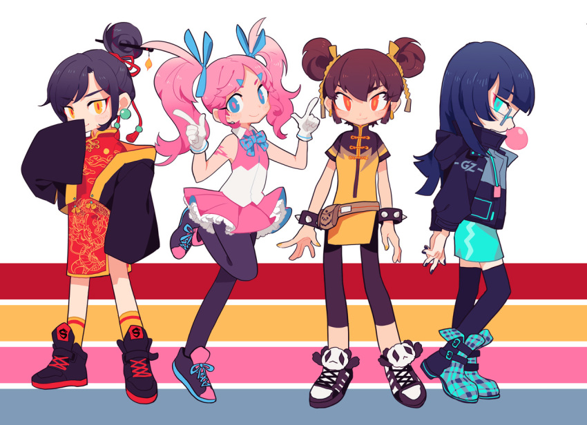 4girls ankle_boots annotated aqua_eyes arms_behind_back bangs black_hair black_legwear blue_eyes blue_hair boots borrowed_character bracelet brown_hair bubble_blowing chengou_hunters chewing_gum china_dress chinese_clothes commentary double_bun dress english_commentary eyebrows_visible_through_hair finger_gun flat_chest full_body glasses gloves guangzhou_charge hair_bun hair_ribbon hangzhou_spark hime_cut idol jacket jewelry leggings long_hair multiple_girls oerba_yun_fang ojou-sama_pose orange_eyes orange_legwear overwatch overwatch_league panda pantyhose parted_bangs pink_dress pink_hair red_dress ribbon rye-beer shanghai_dragons shoes short_hair sleeves_past_wrists sneakers socks spiked_bracelet spikes swept_bangs thighhighs twintails white_gloves wide_sleeves yellow_eyes zettai_ryouiki