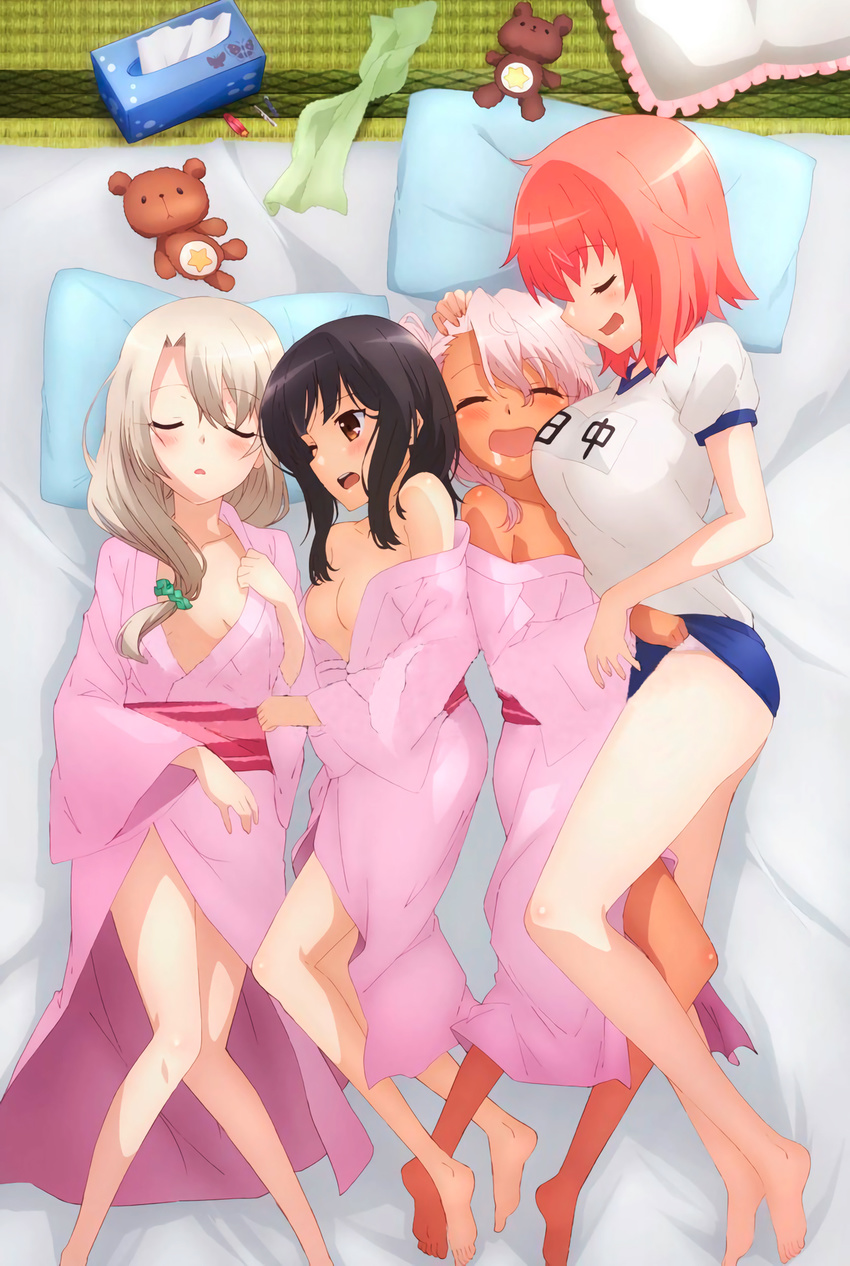 4girls barefoot bath_yukata black_hair blue_buruma blush breasts breasts_apart brown_eyes buruma buruma_pull chloe_von_einzbern closed_eyes clothes_pull dark-skinned_female dark_skin drooling fate/kaleid_liner_prisma_illya fate_(series) grey_hair gym_uniform hair_ornament hairclip highres illyasviel_von_einzbern japanese_clothes kimono long_hair miyu_edelfelt multiple_girls name_tag no_bra off_shoulder official_art one_eye_closed open_mouth panties panties_under_buruma panty_peek pillow pink_hair pink_kimono saliva shirt short_hair sleeping small_breasts stuffed_animal stuffed_toy tanaka_(fate) tatami teddy_bear tissue_box towel underwear unworn_hair_ornament unworn_hairclip white_panties white_shirt yukata yuri yurikawa