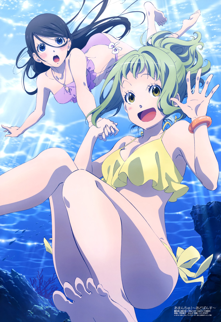 2girls :d :o absurdres amanchu! ass bangle barefoot bikini black_hair blue_eyes blush bracelet breasts coral fish green_eyes green_hair highres holding_hands itou_youko jewelry knees_together_feet_apart kohinata_hikari large_breasts long_hair looking_at_viewer magazine_scan medium_breasts megami_magazine multiple_girls official_art ooki_futaba open_mouth orange_bracelet parted_bangs pink_bikini ponytail round_teeth scan side-tie_bikini_bottom smile strap_gap submerged swimsuit teeth waving yellow_bikini