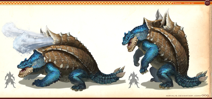 1boy absurdres arvalis blastoise blue_skin colored_skin commentary_request crossover fusion height_difference highres monster monster_hunter_(series) photoshop_(medium) pokemon pokemon_(creature) spikes tail ukanlos