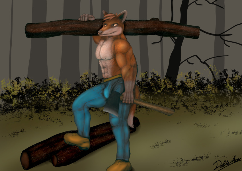 absurd_res acewolf-g axe baxter-the-husky canid canin canine dobie-ace forest fox hi_res kleo lumberjack mammal melee_weapon muscular plant solo tree weapon