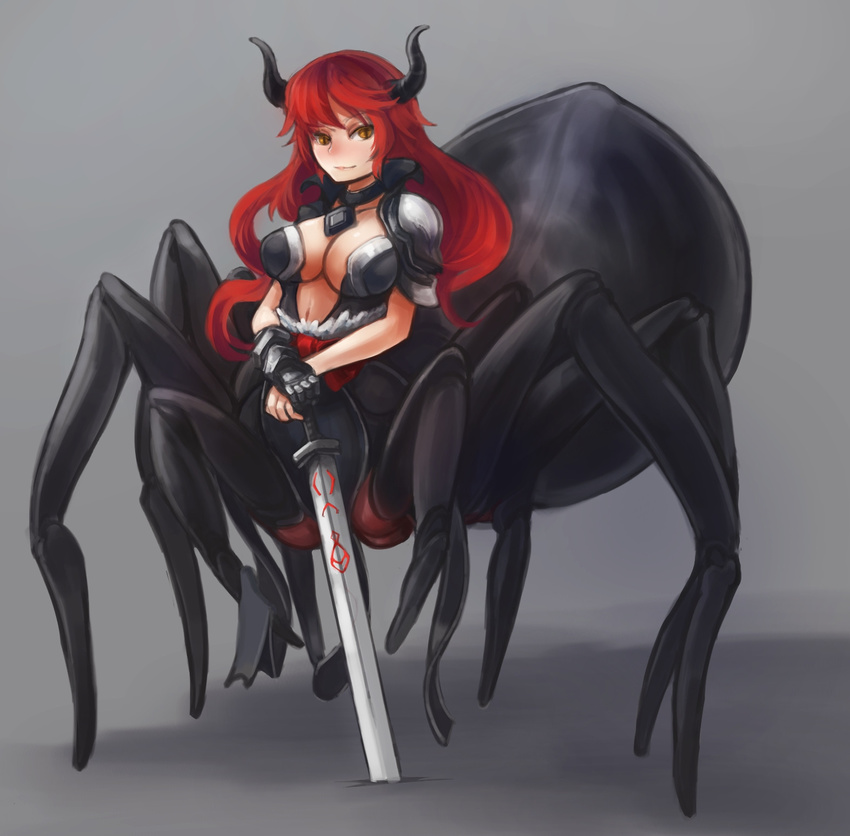 airomed arachne arceonn armor arthropod_girl bikini_armor borrowed_character breasts bridgeless_bra choker cleavage demon_horns female full_body gauntlets gloves grey_background high_collar highres holding holding_sword holding_weapon horns jewelry large_breasts light_smile long_hair looking_at_viewer monster_girl monsterification multiple_legs navel necklace original own_hands_together pauldrons pendant planted planted_sword red_hair runes shoulder_armor single_gauntlet single_glove slit_pupils solo spider_girl standing sword taur weapon yellow_eyes