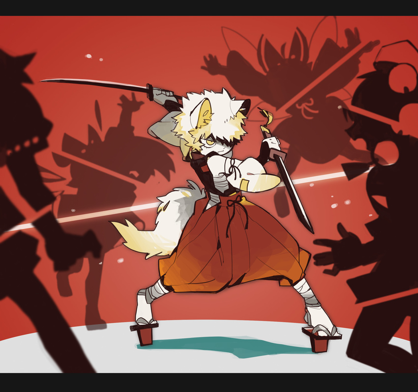 alternate_costume animal_ears bad_id bad_pixiv_id battle dual_wielding fairy female geta highres holding inubashiri_momiji japanese_clothes photoshop_(medium) shadow shameimaru_aya short_hair sword tail tengu tengu-geta touhou very_short_hair weapon wolf_ears wolf_tail yai_(hachihito)